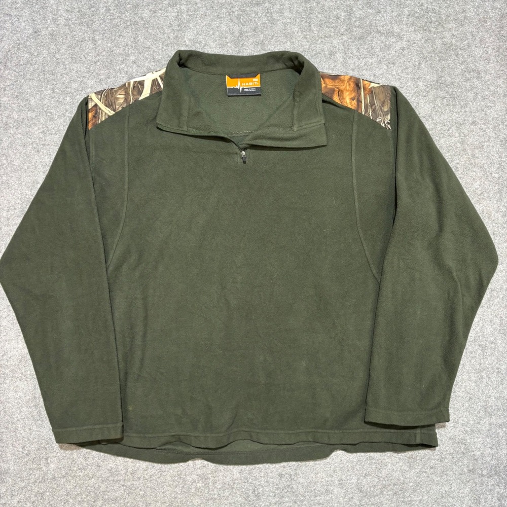 Habit Mens XL Fleece Quarter Zip Pullover Olive Green Camo Shoulder Hunting Top